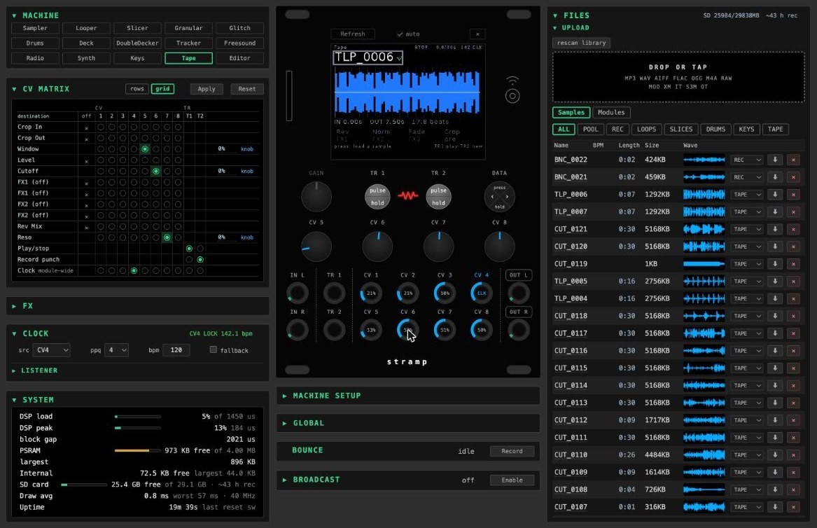 Strämpler web interface, Remote tab: panel with live screen mirror, CV matrix, clock, machine selector, and sample library